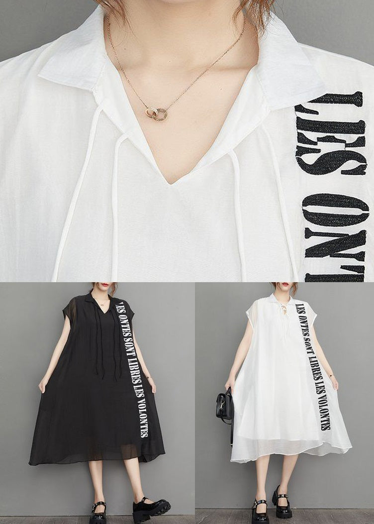 Loose Black Letter Embroidered Pockets Silk Cotton Dresses Summer