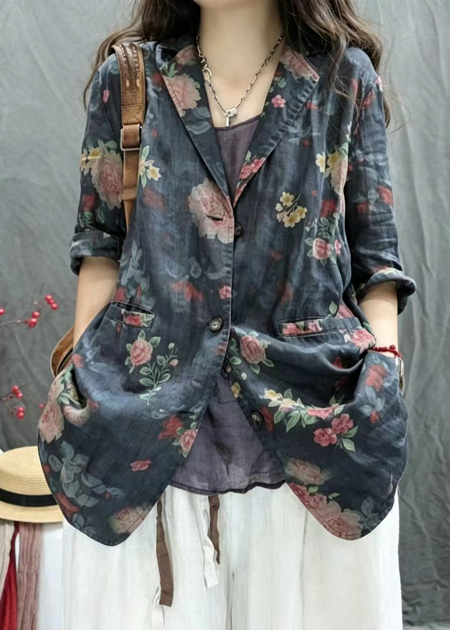 Loose Black Notched Print Back Slit Jackets Half Sleeve