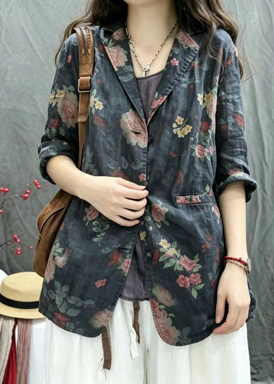 Loose Black Notched Print Back Slit Jackets Half Sleeve