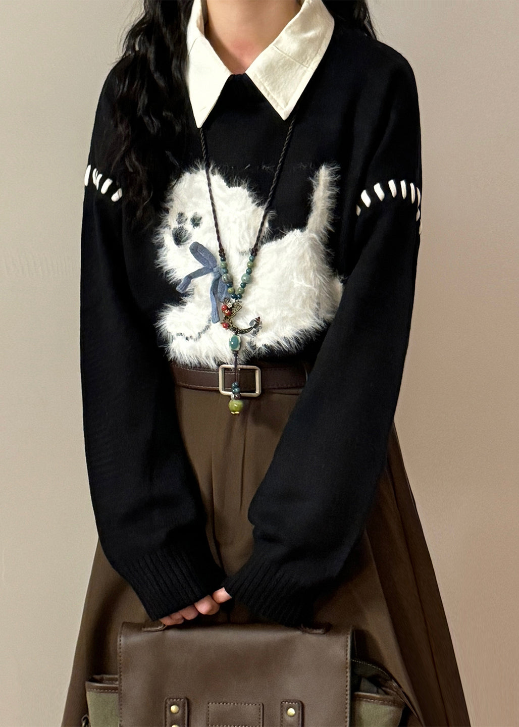 Loose Black O Neck Animal Patchwork Sweaters Spring