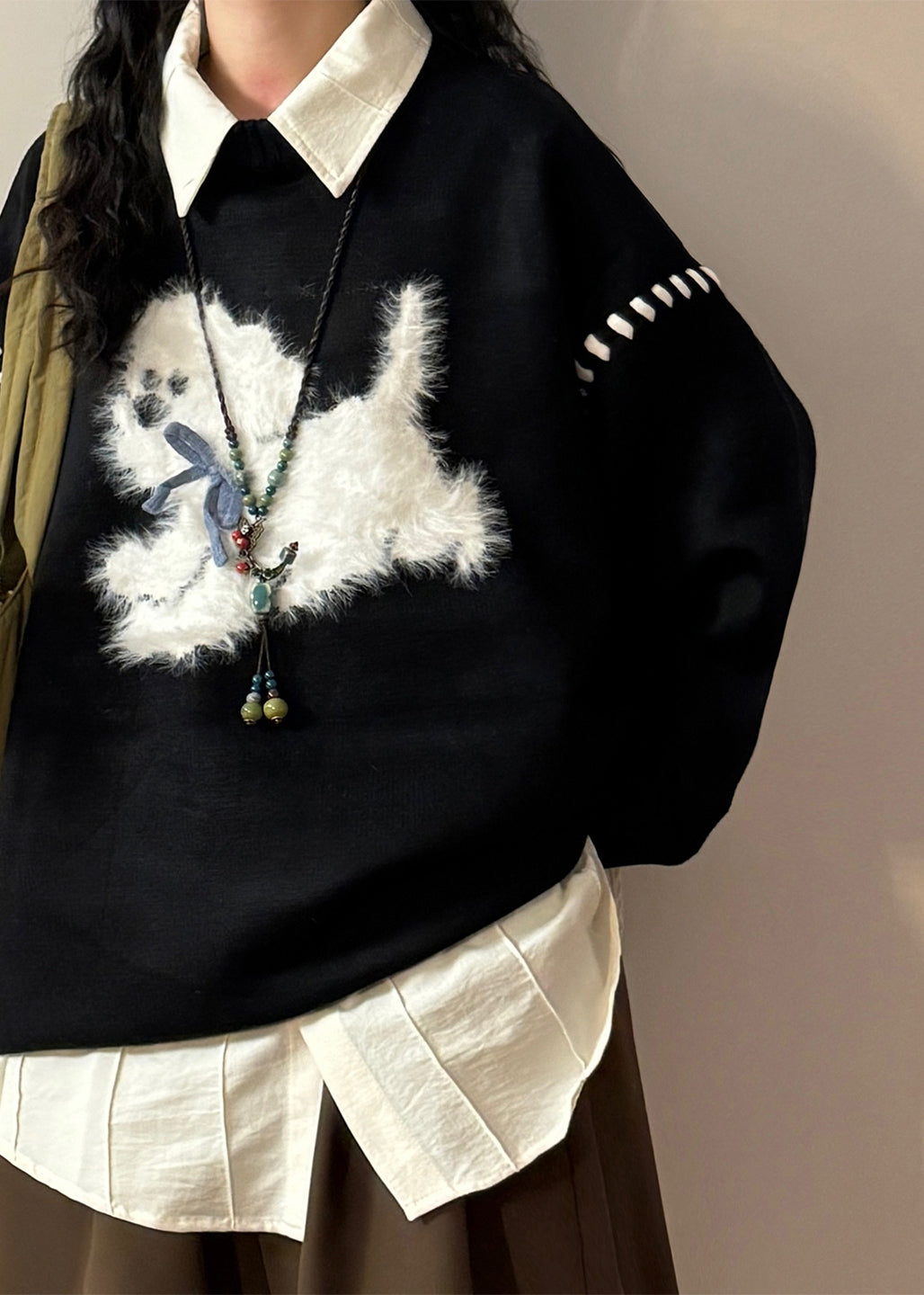 Loose Black O Neck Animal Patchwork Sweaters Spring