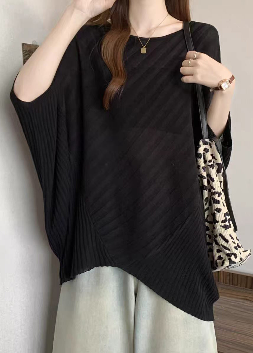 Loose Black O-Neck Asymmetrical Knit Top Batwing Sleeve