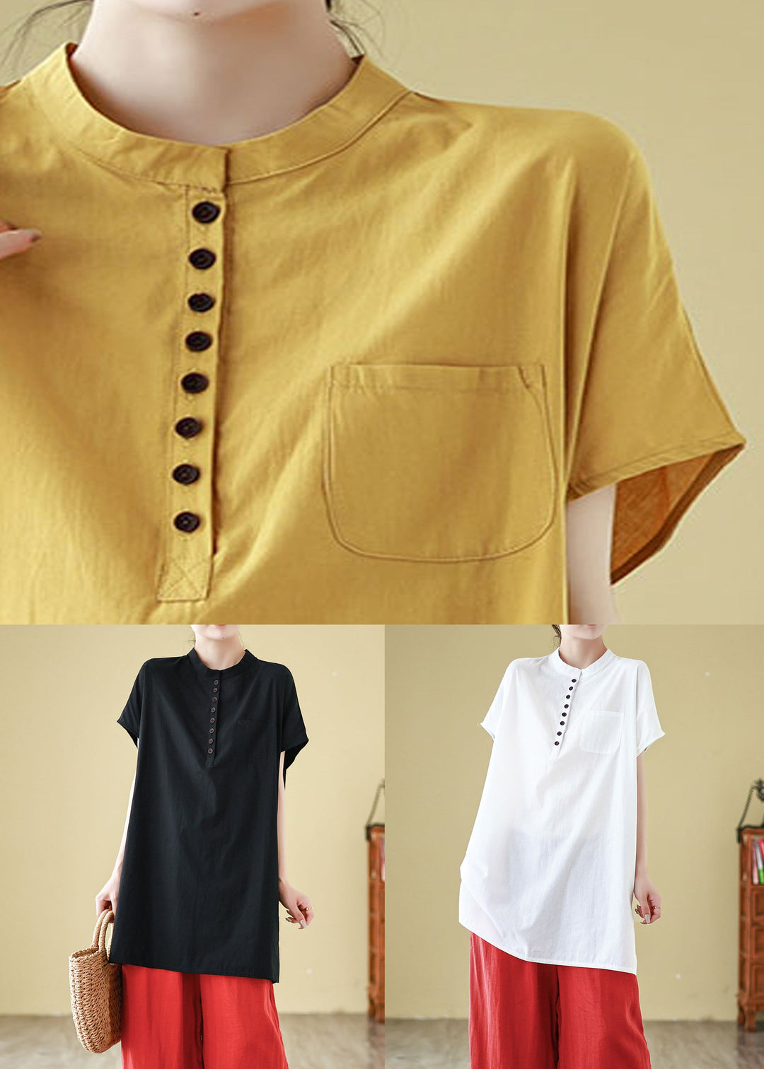 Loose Black O Neck Button Cotton T Shirts Summer