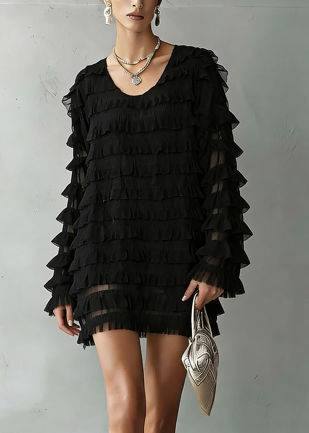 Loose Black O-Neck Chiffon Top Long Sleeve