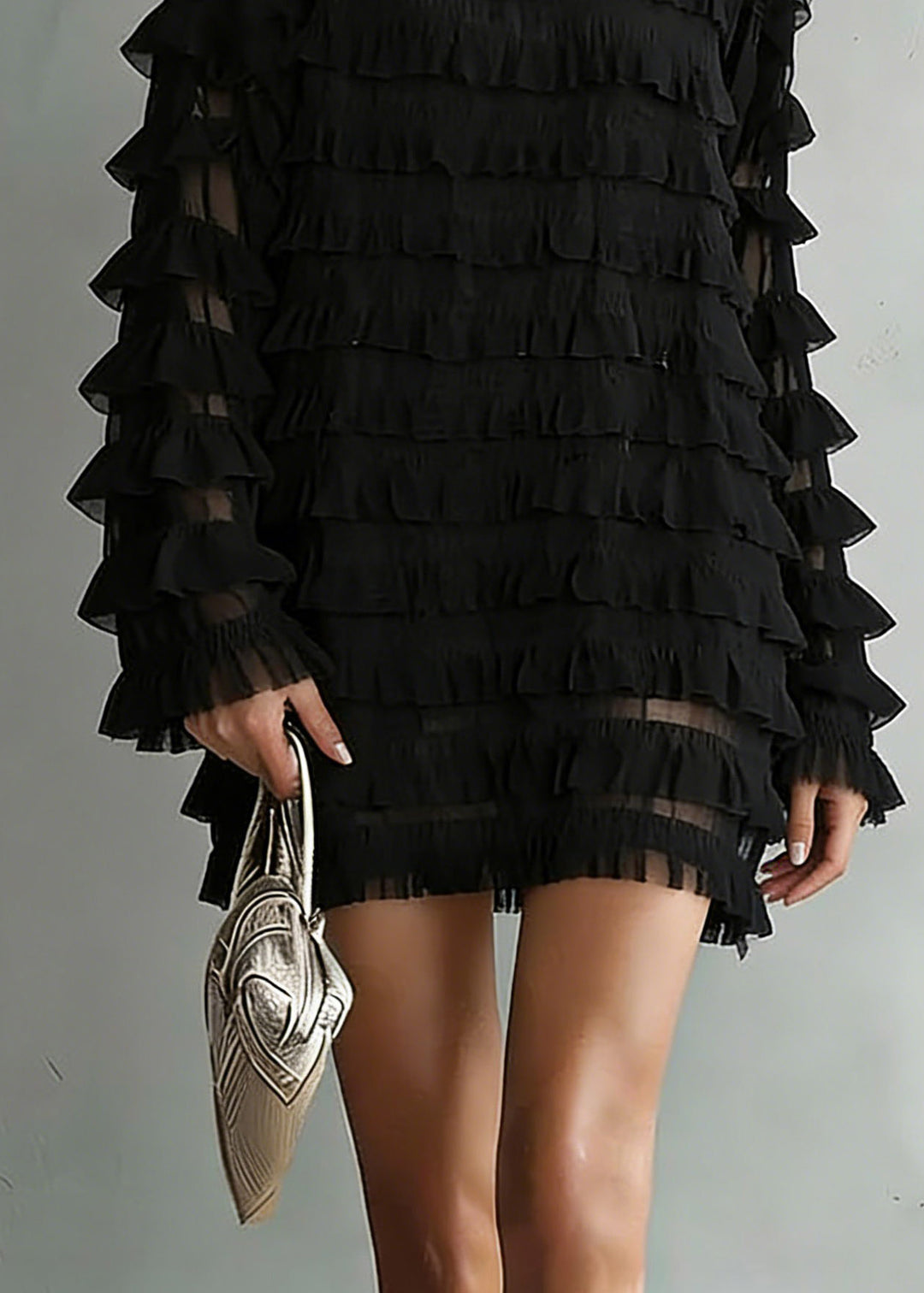 Loose Black O-Neck Chiffon Top Long Sleeve