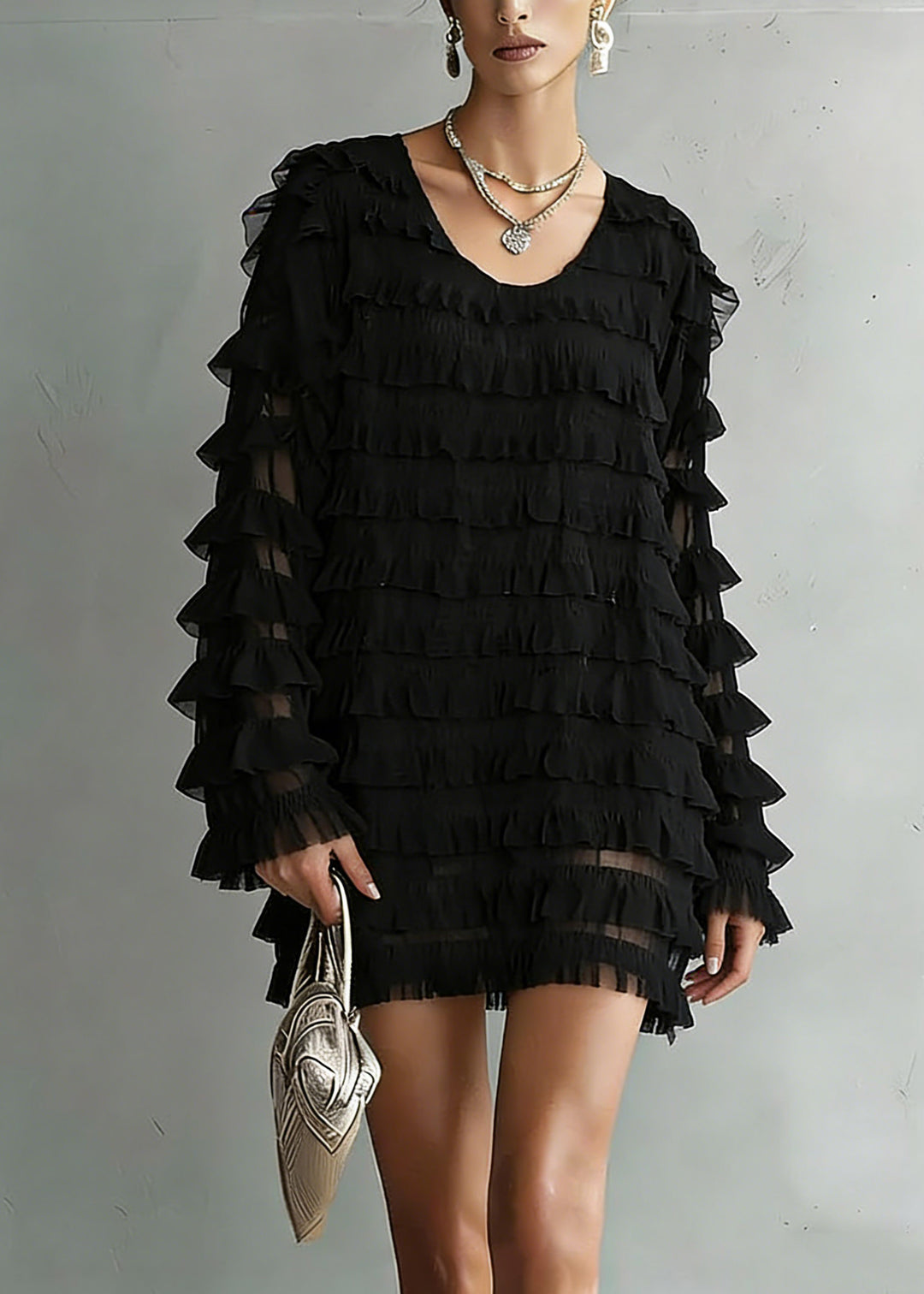 Loose Black O-Neck Chiffon Top Long Sleeve
