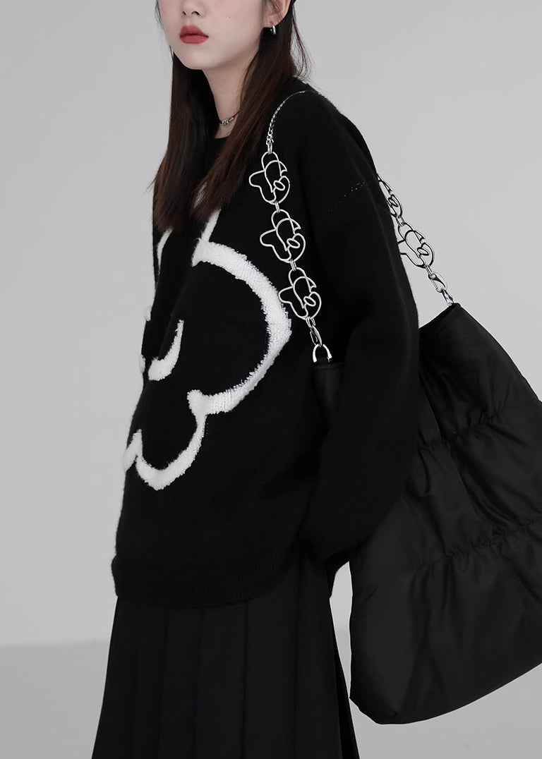 Loose Black O-Neck Floral Cozy Knit Sweaters Winter