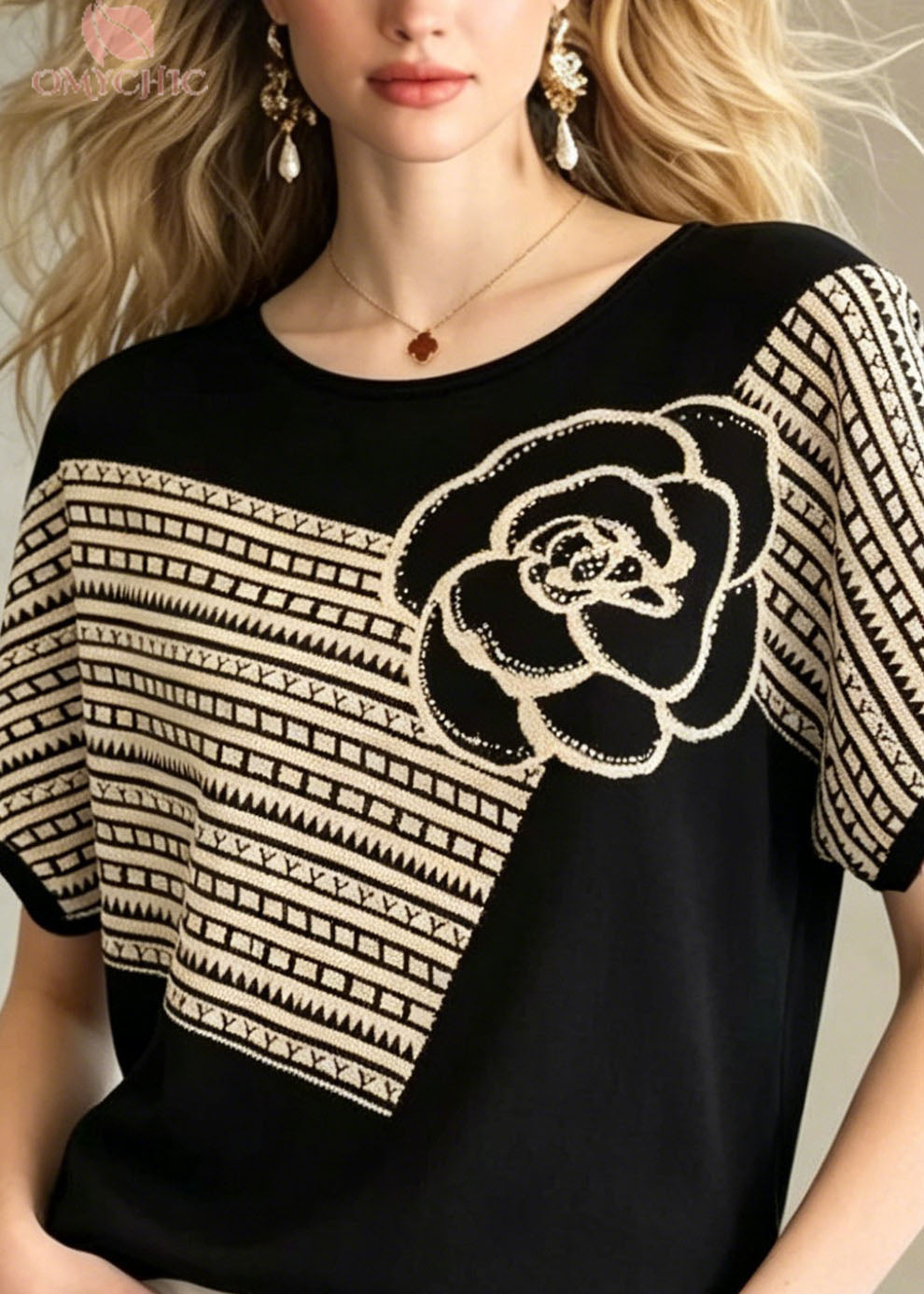 Loose Black O Neck Floral Zircon Knit Top Summer