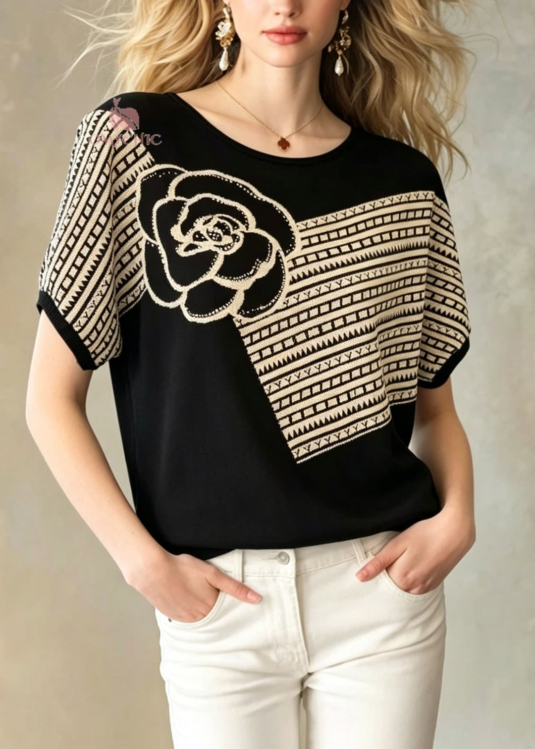 Loose Black O Neck Floral Zircon Knit Top Summer