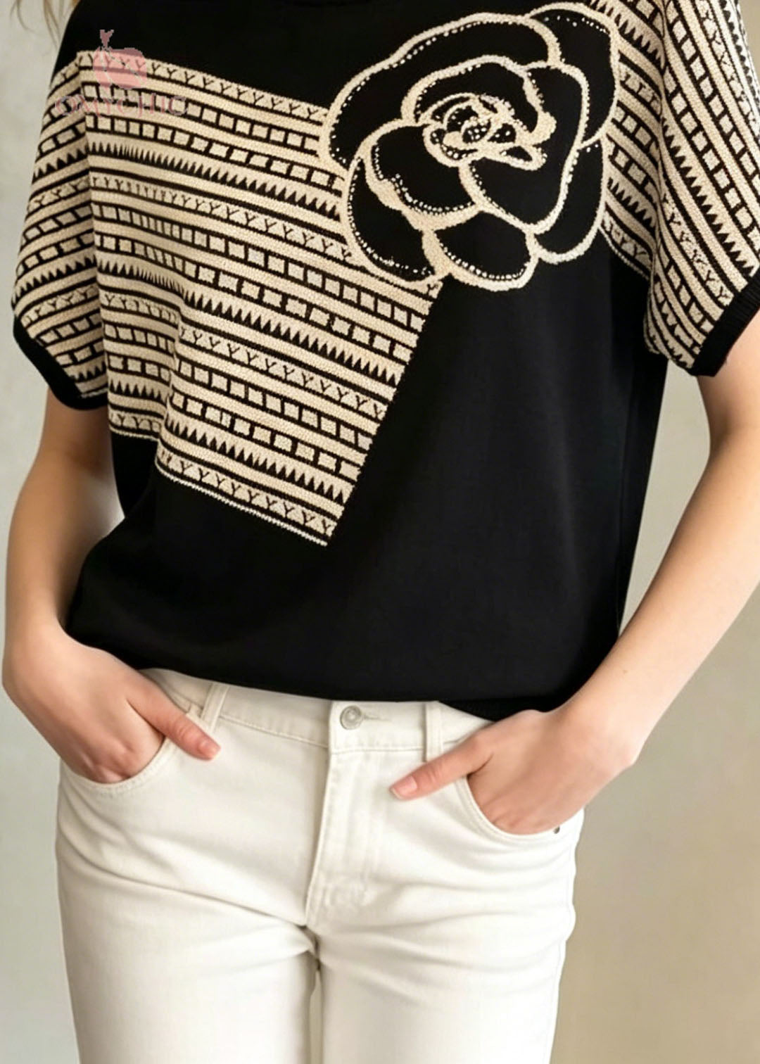 Loose Black O Neck Floral Zircon Knit Top Summer