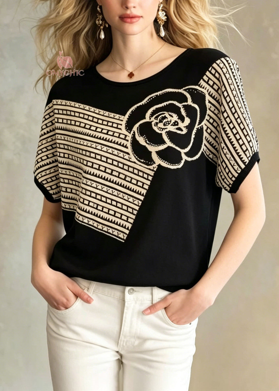 Loose Black O Neck Floral Zircon Knit Top Summer