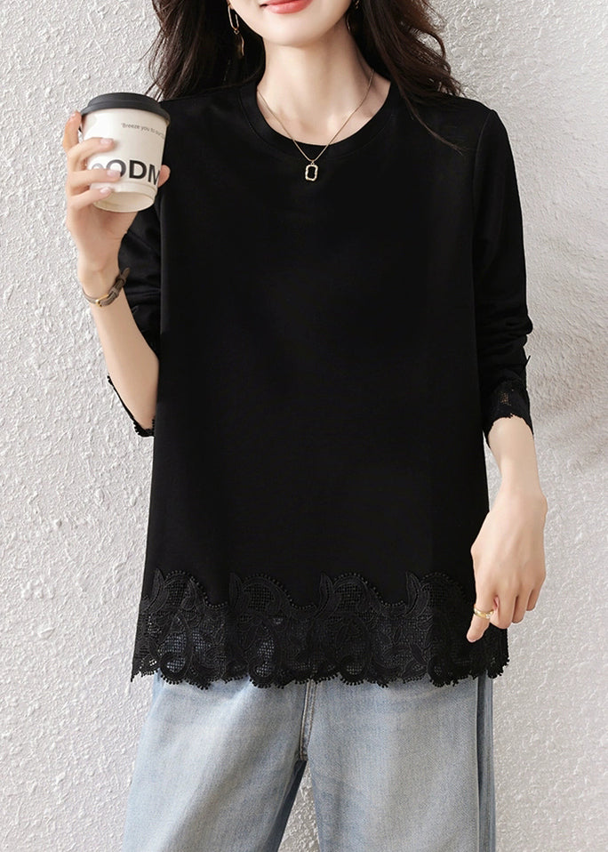 Loose Black O Neck Lace Patchwork Cotton T Shirt Fall