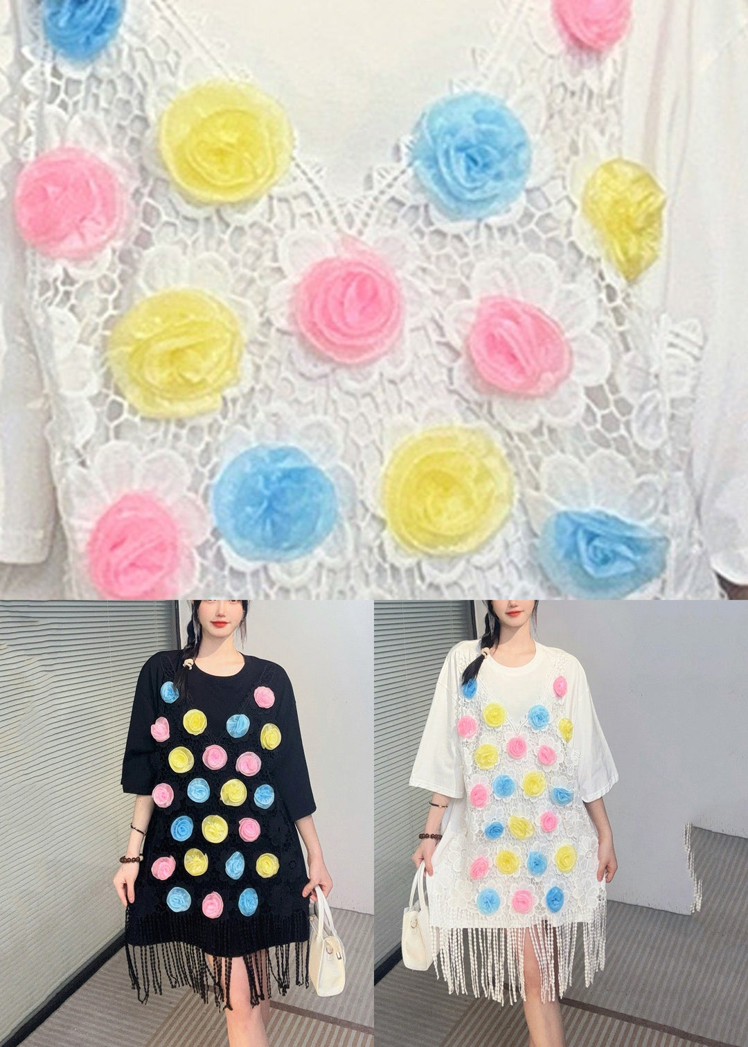 Loose Black O-Neck Lace Patchwork Mid T Shirt Dresses Summer
