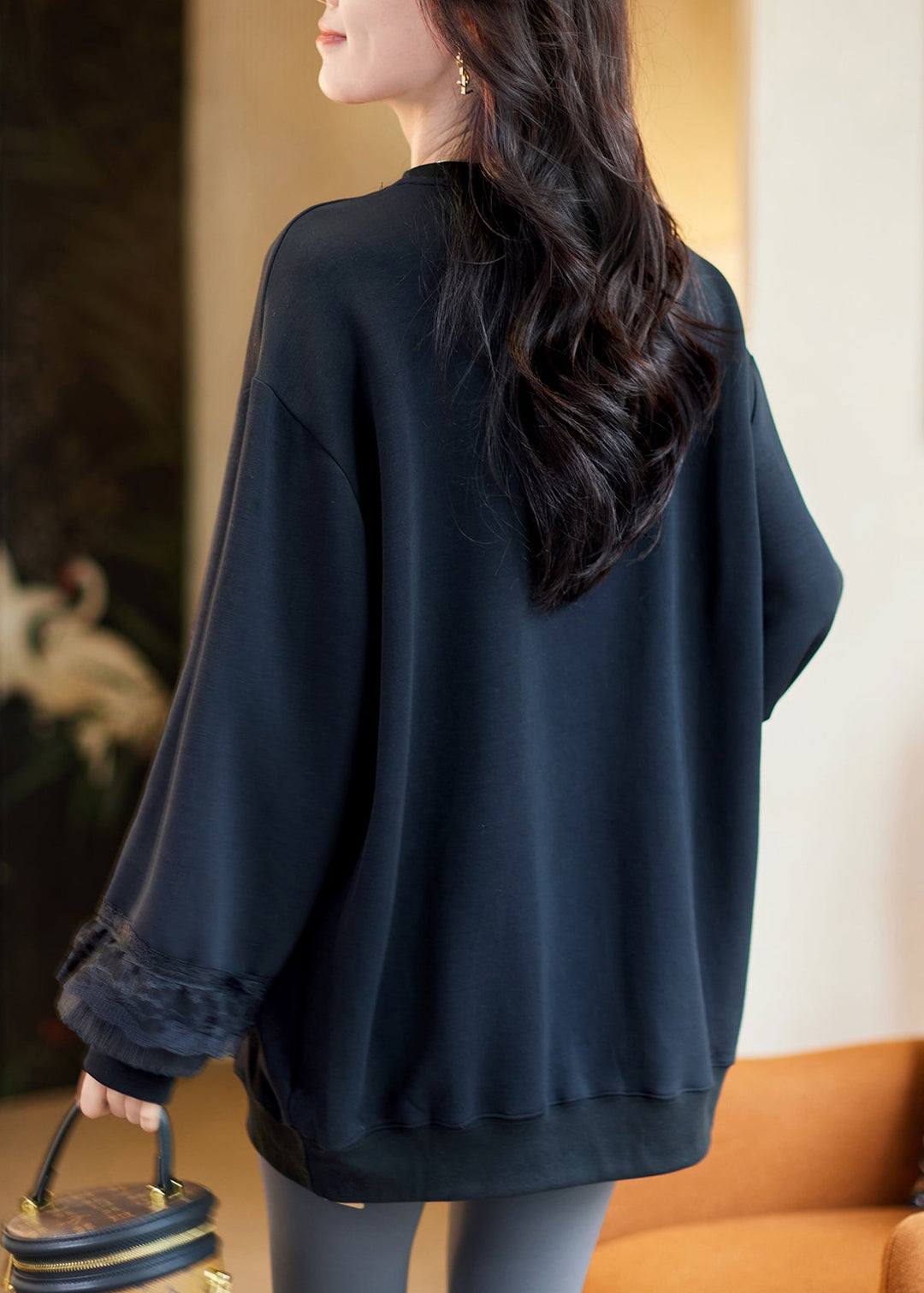 Loose Black O-Neck Lace Patchwork Sweatshirt Fall