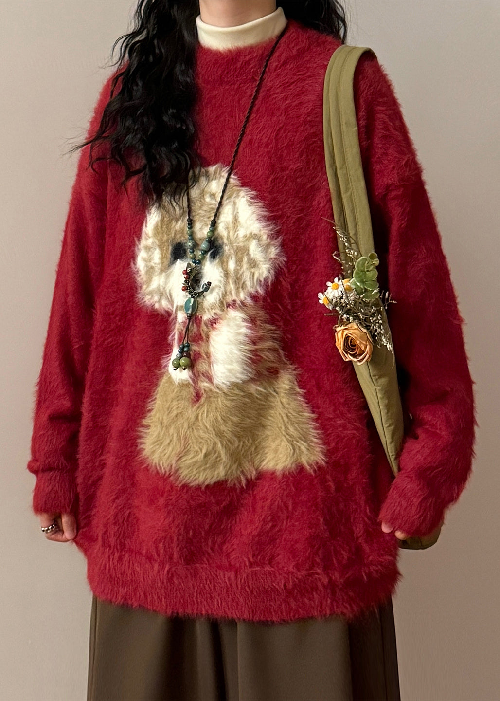 Loose Black O Neck Little Dog Cozy Mink Hair Knitted Sweater Winter