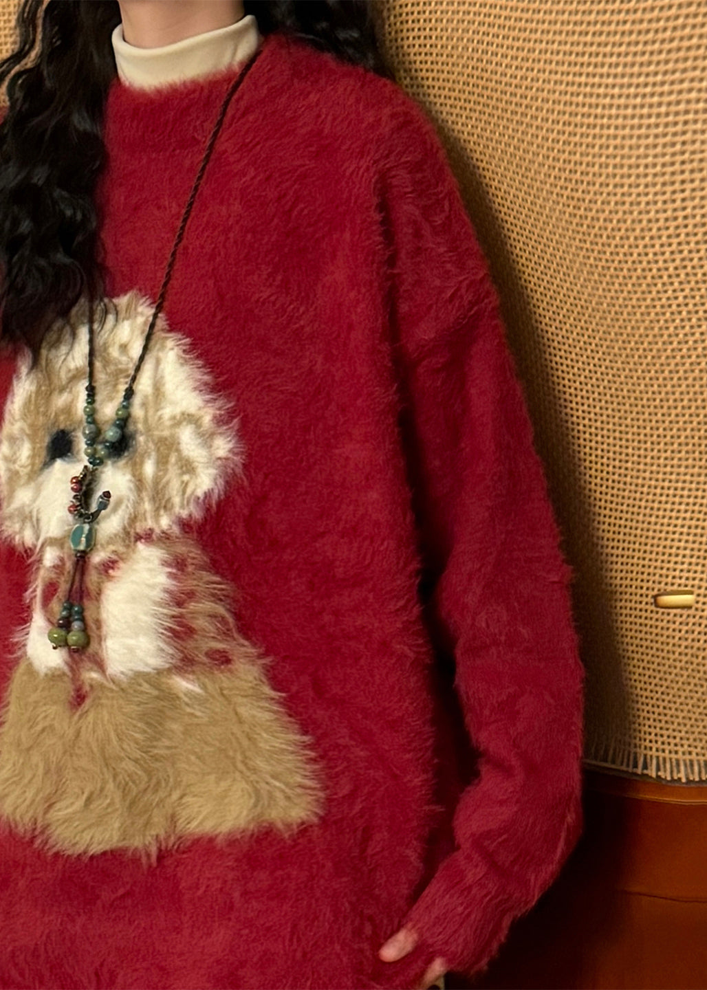 Loose Black O Neck Little Dog Cozy Mink Hair Knitted Sweater Winter