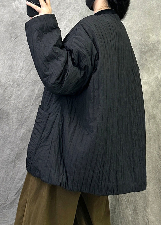 Loose Black O Neck Pockets Button Fine Cotton Filled Jacket Winter