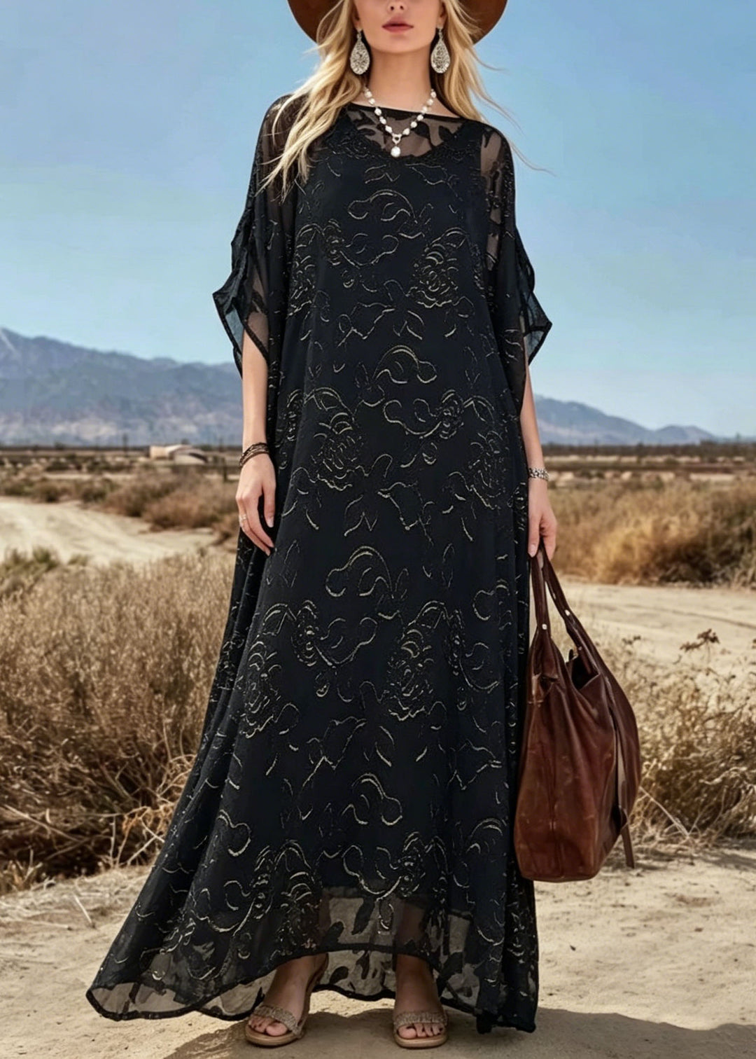 Loose Black O Neck Print Chiffon Maxi Dresses Summer