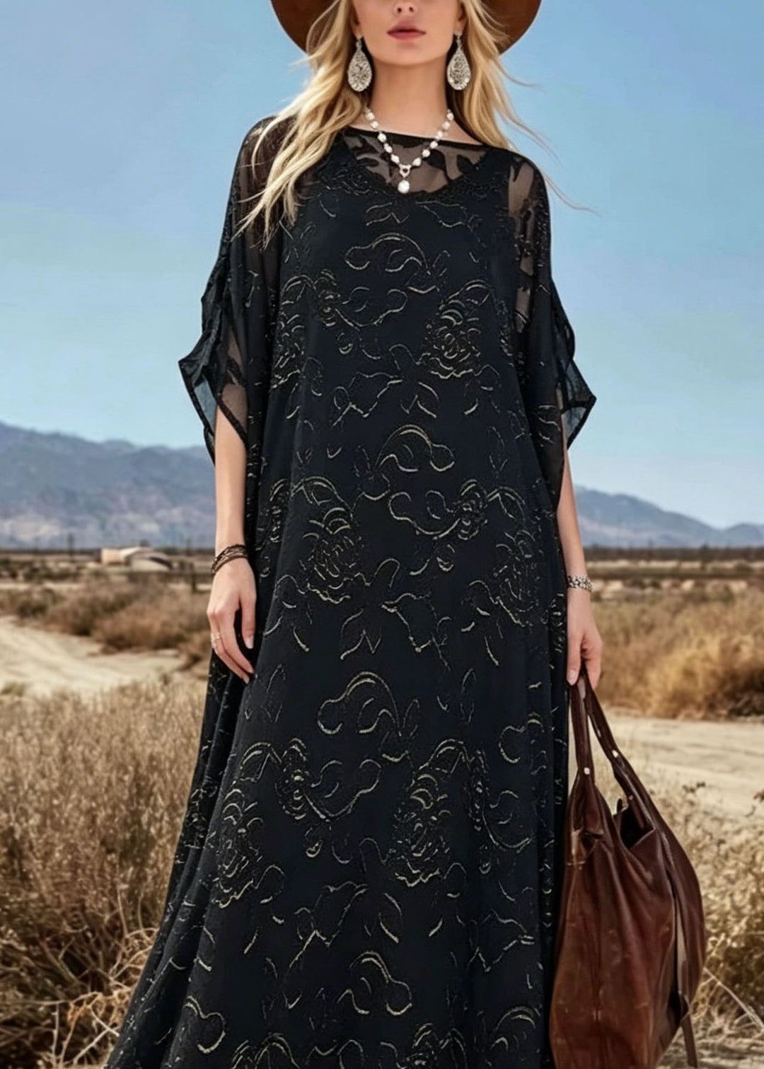 Loose Black O Neck Print Chiffon Maxi Dresses Summer