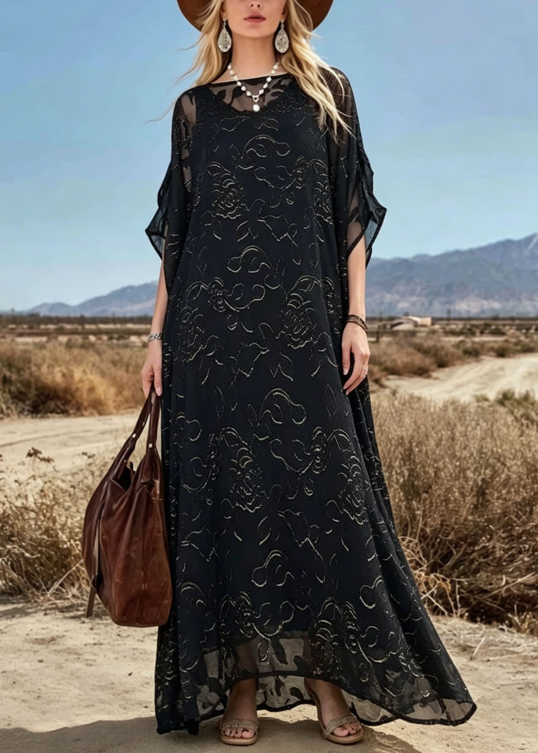 Loose Black O Neck Print Chiffon Maxi Dresses Summer