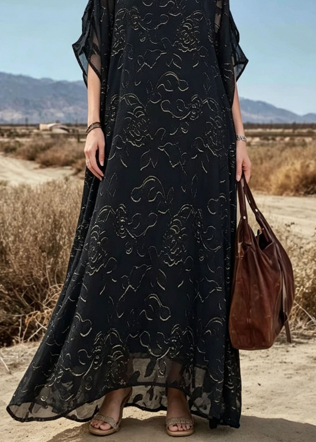 Loose Black O Neck Print Chiffon Maxi Dresses Summer
