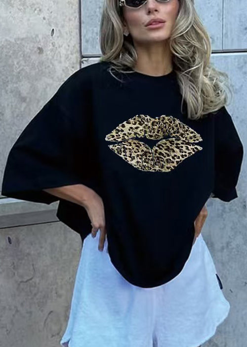 Loose Black O Neck Print Cotton T Shirt Summer