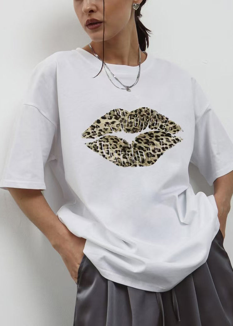 Loose Black O Neck Print Cotton T Shirt Summer