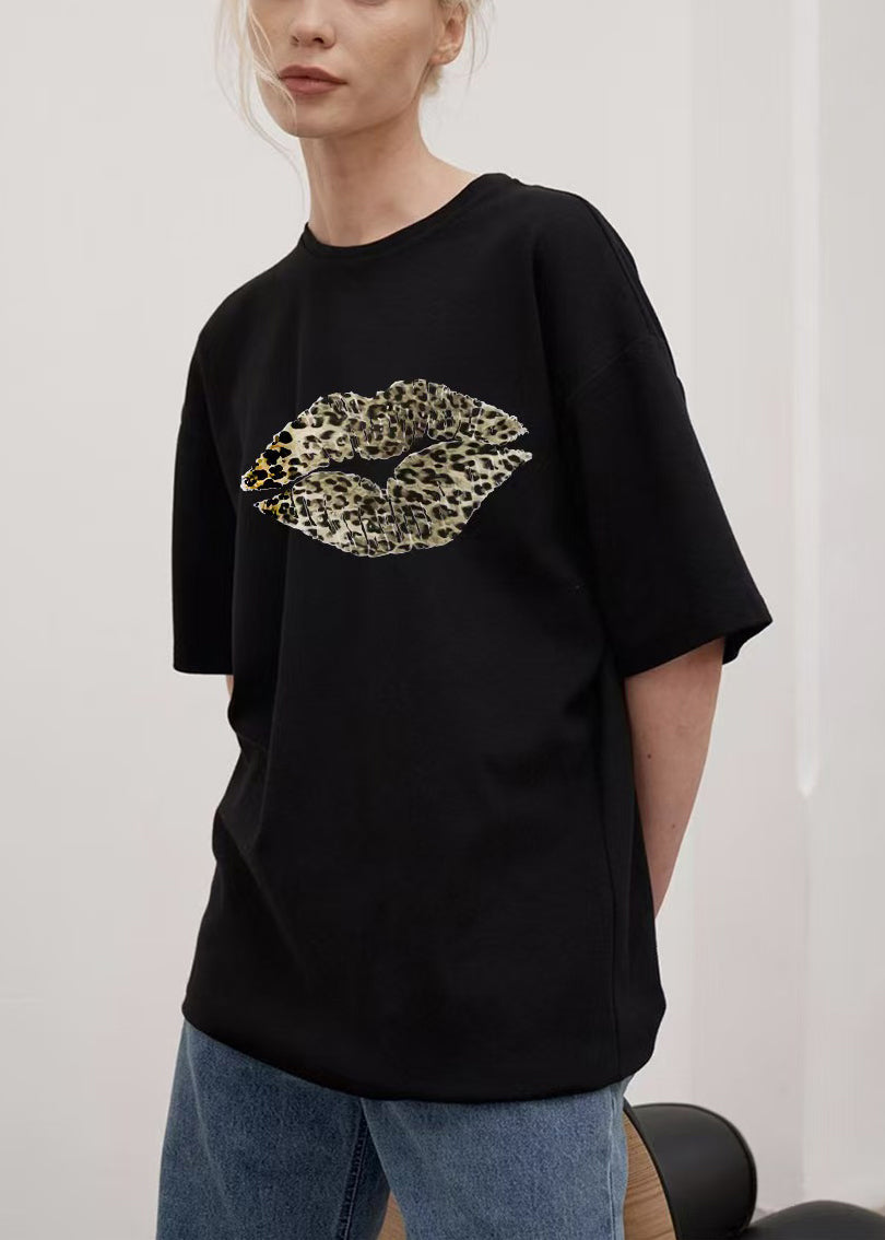 Loose Black O Neck Print Cotton T Shirt Summer
