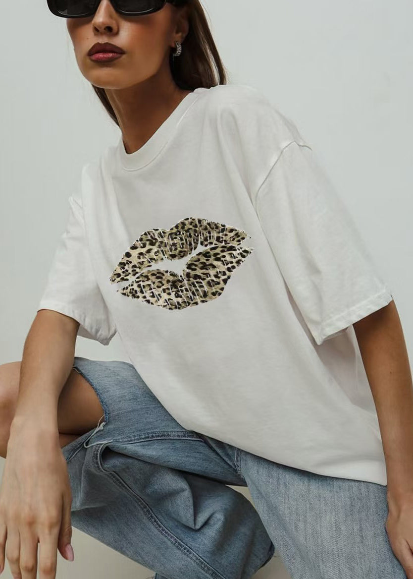 Loose Black O Neck Print Cotton T Shirt Summer