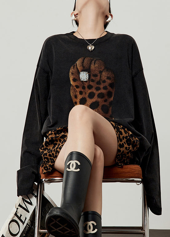 Loose Black O Neck Print Cotton T Shirt Tops Fall