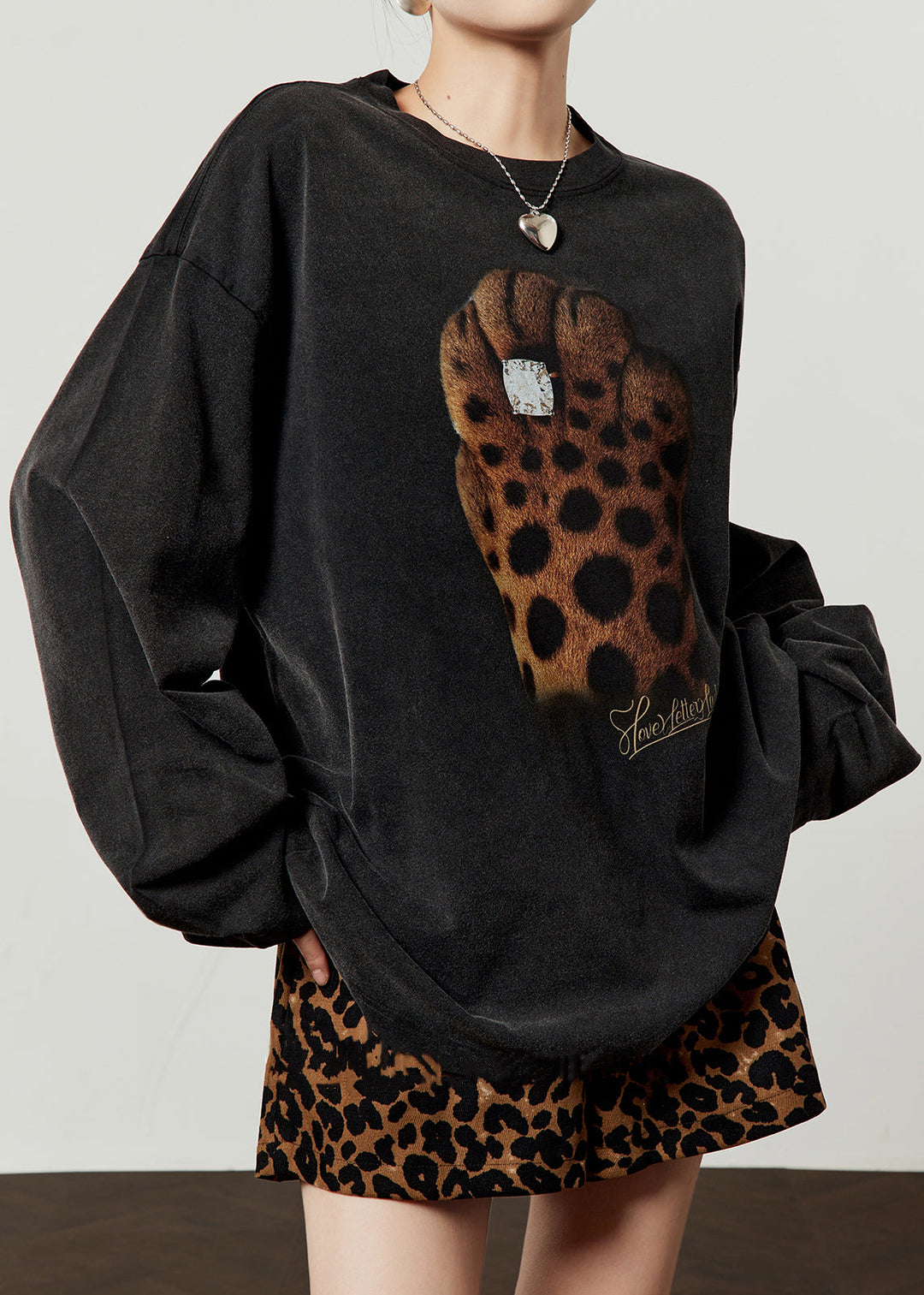 Loose Black O Neck Print Cotton T Shirt Tops Fall