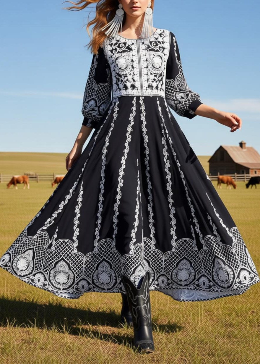 Loose Black O Neck Print Exra Large Hem Cotton Dress Summer