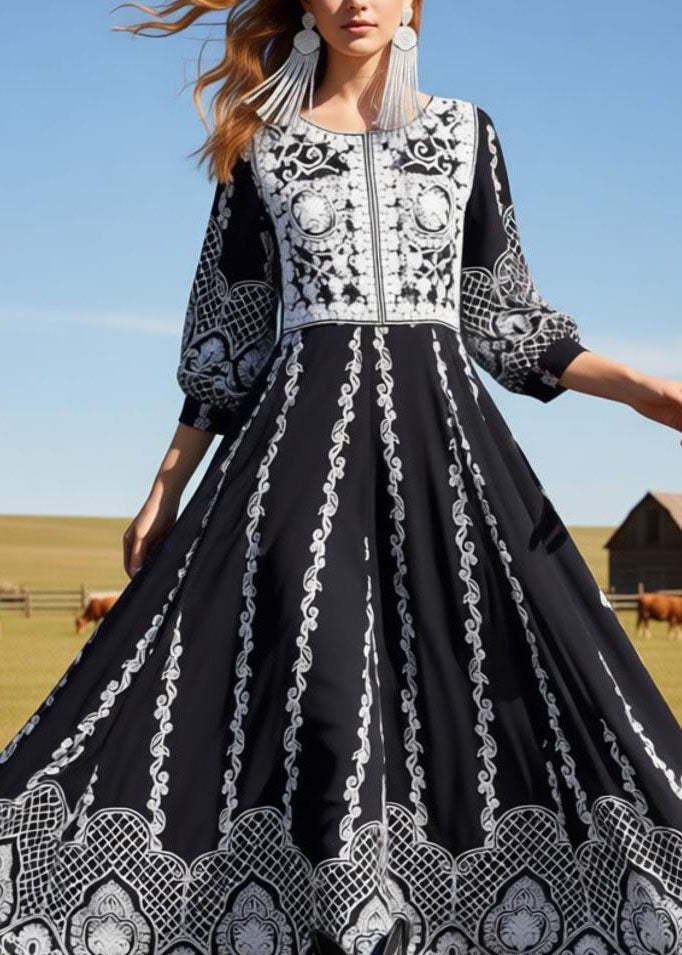 Loose Black O Neck Print Exra Large Hem Cotton Dress Summer