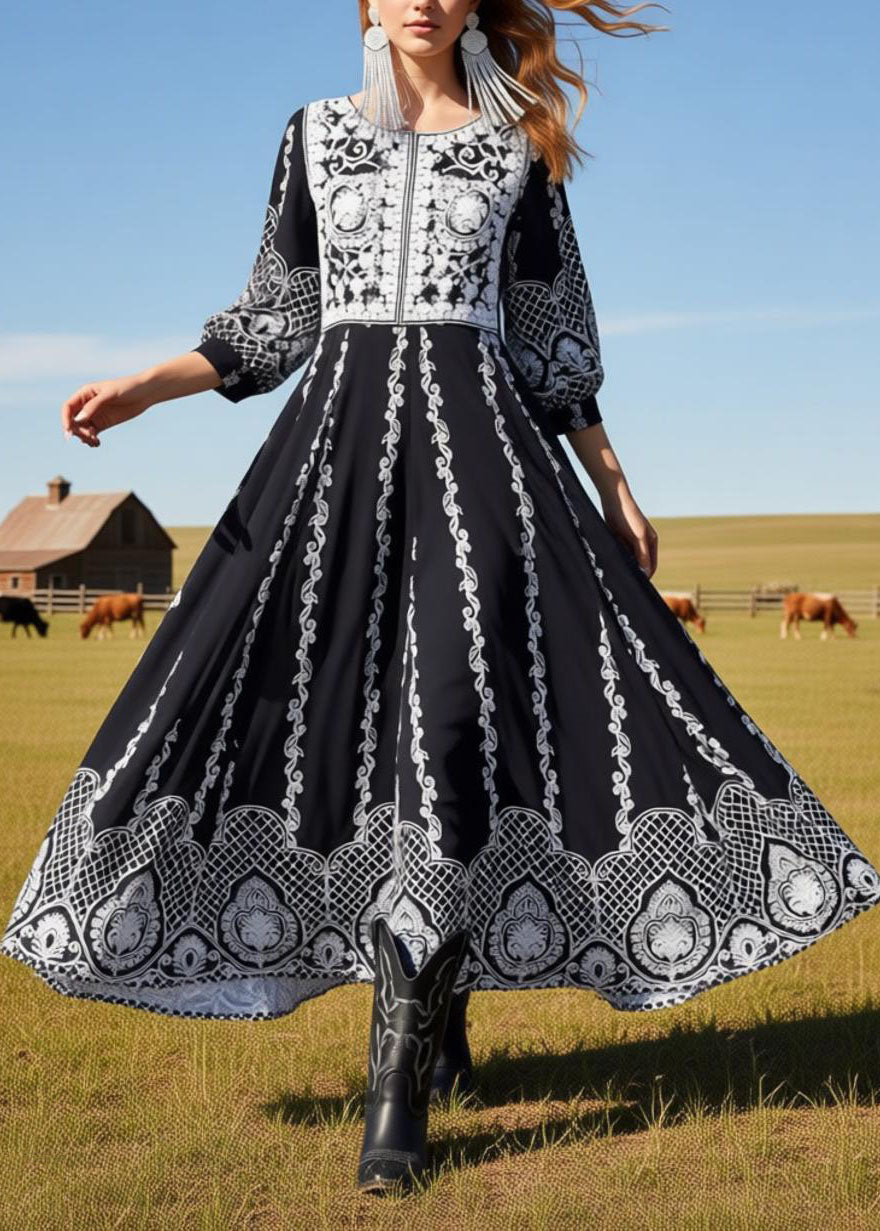 Loose Black O Neck Print Exra Large Hem Cotton Dress Summer