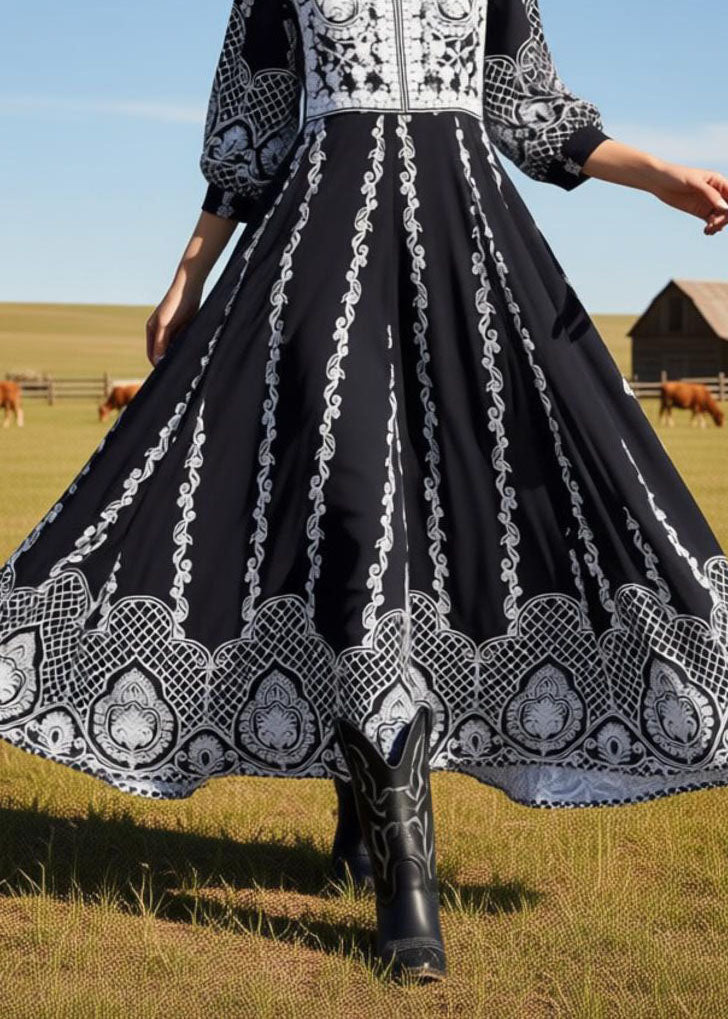 Loose Black O Neck Print Exra Large Hem Cotton Dress Summer