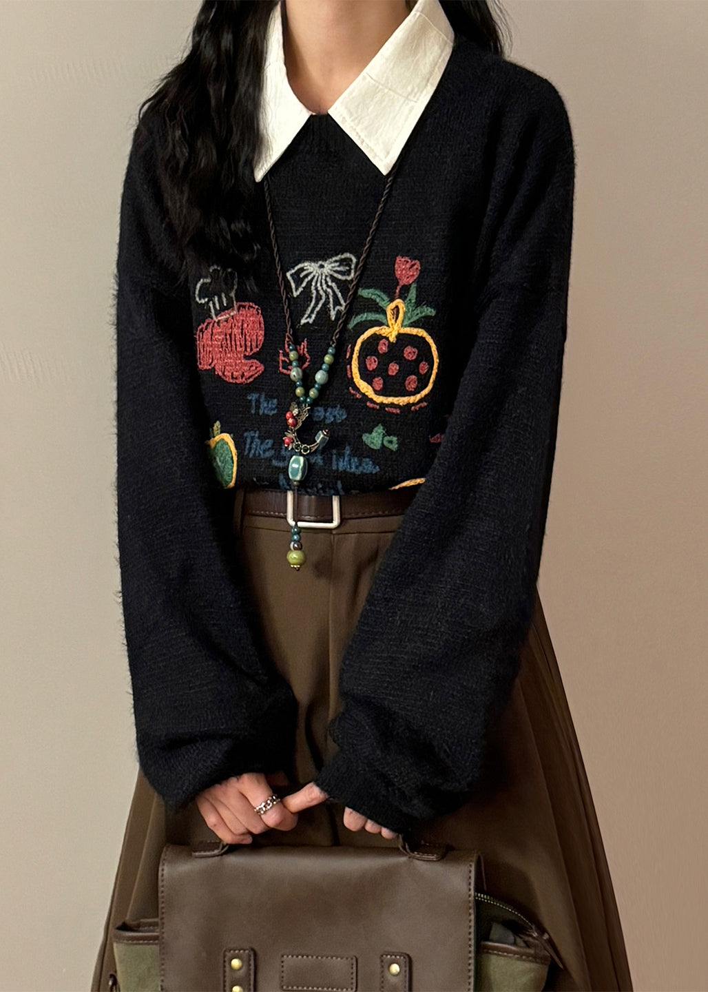 Loose Black O Neck Print Knit Sweater Spring