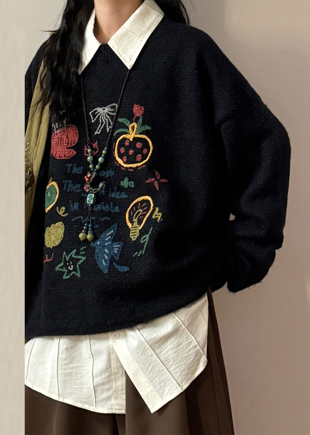 Loose Black O Neck Print Knit Sweater Spring