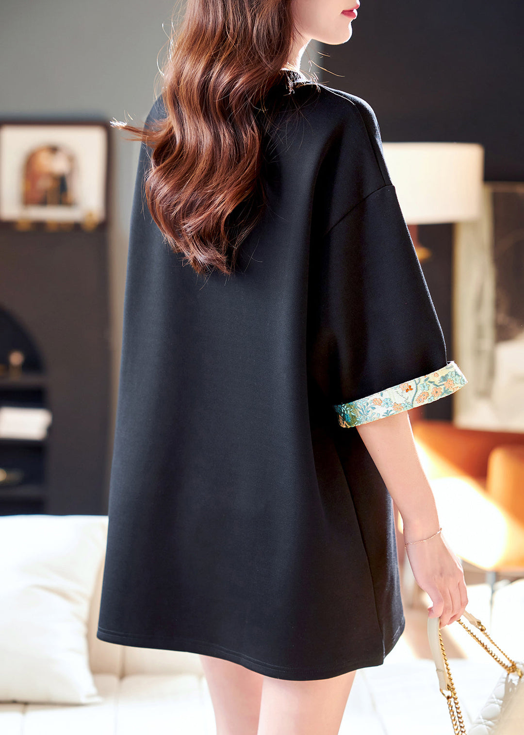 Loose Black O Neck Print Patchwork Cotton T Shirt Half Sleeve