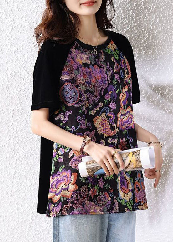 Loose Black O Neck Print Patchwork Cotton T Shirt Summer
