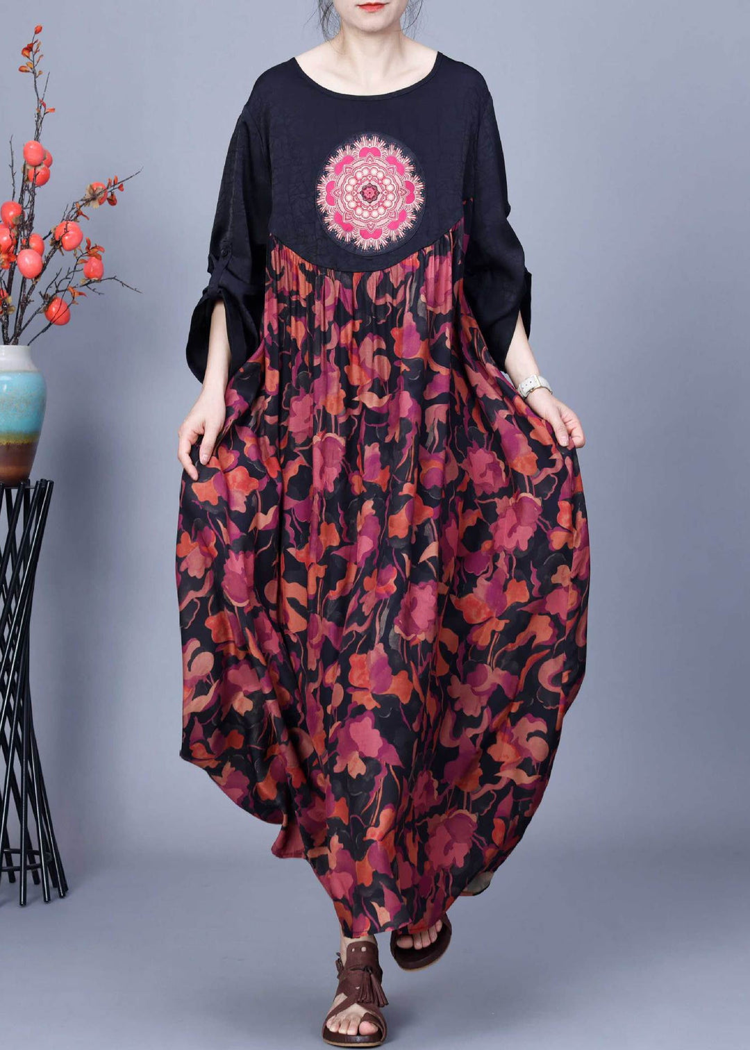 Loose Black O Neck Print Patchwork Silk Dresses Spring