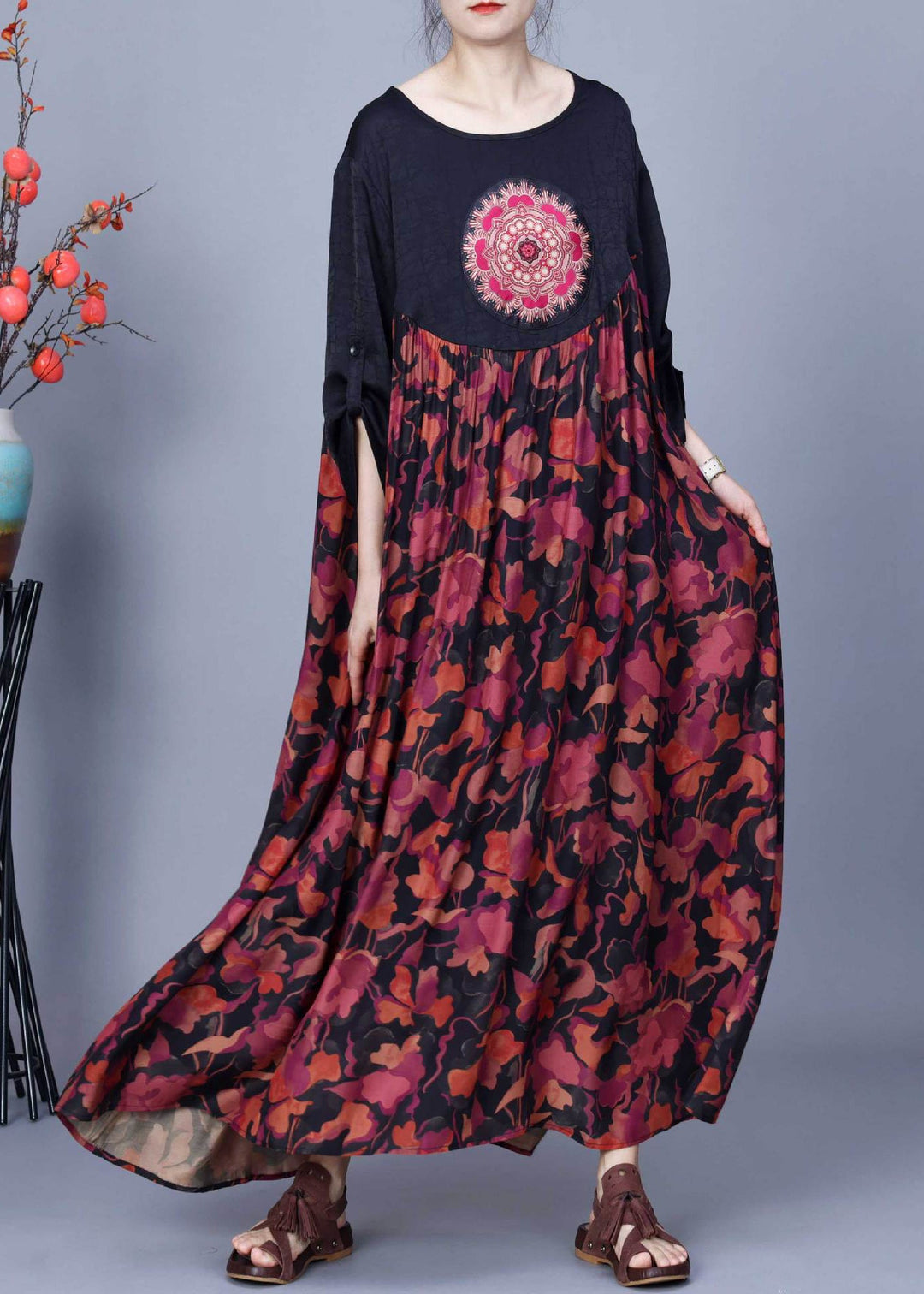 Loose Black O Neck Print Patchwork Silk Dresses Spring