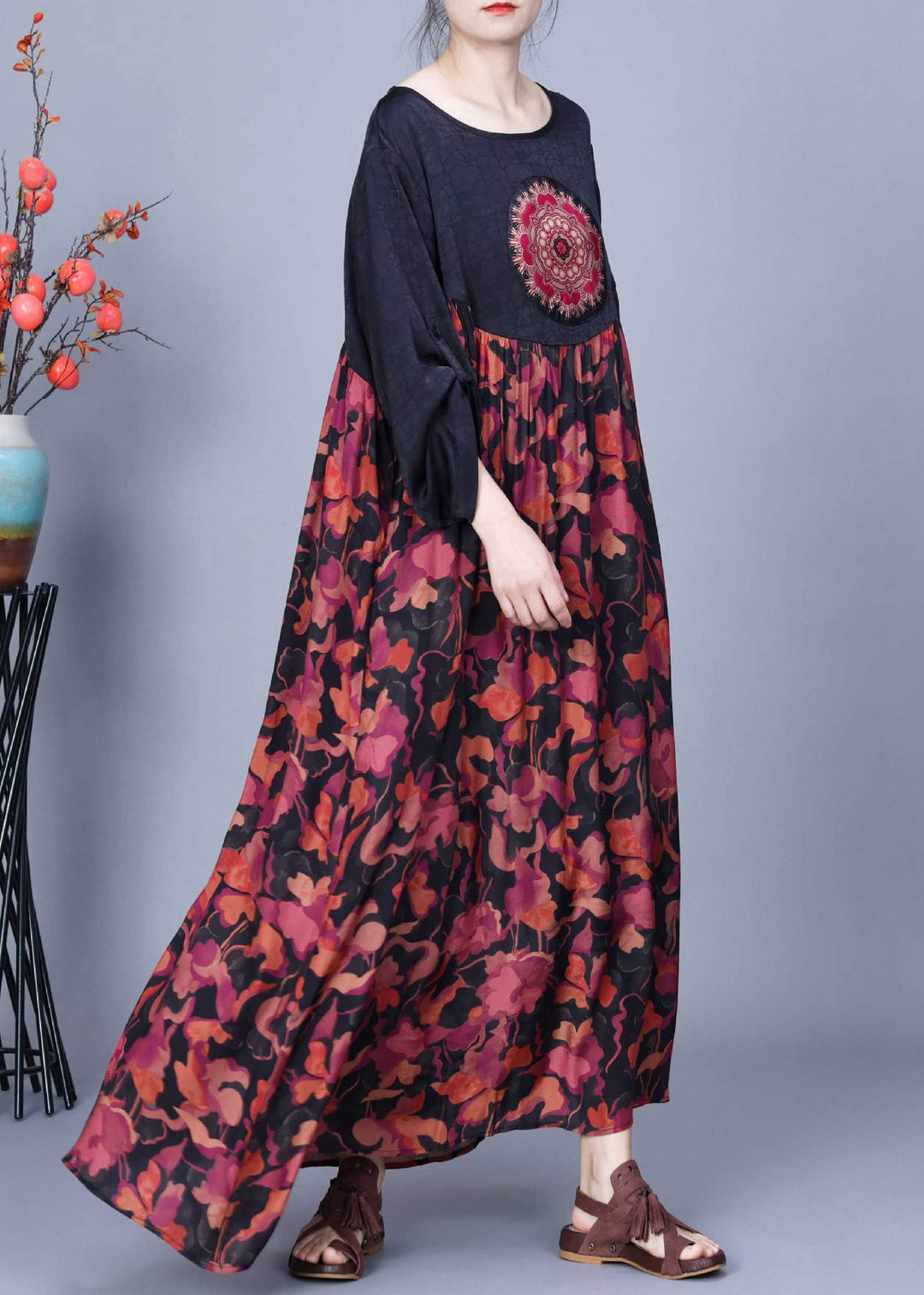 Loose Black O Neck Print Patchwork Silk Dresses Spring