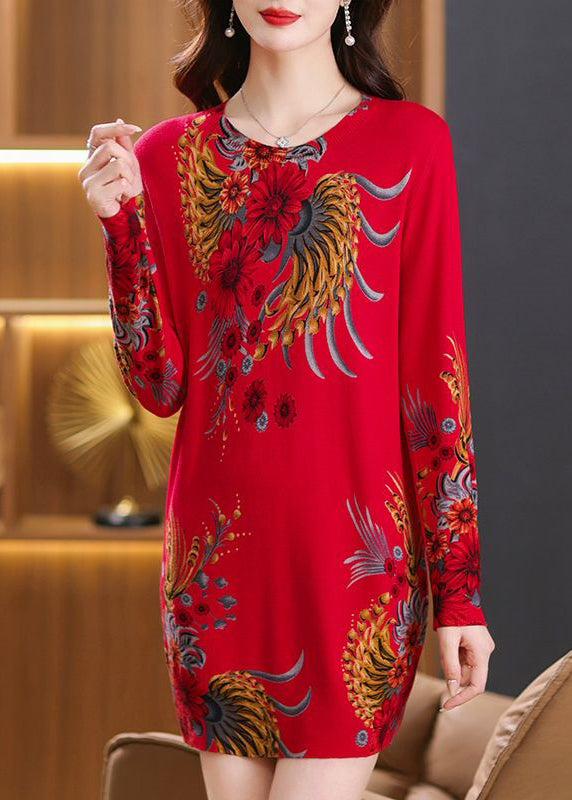 Loose Black O Neck Print Wool Knit Sweaters Dress Long Sleeve