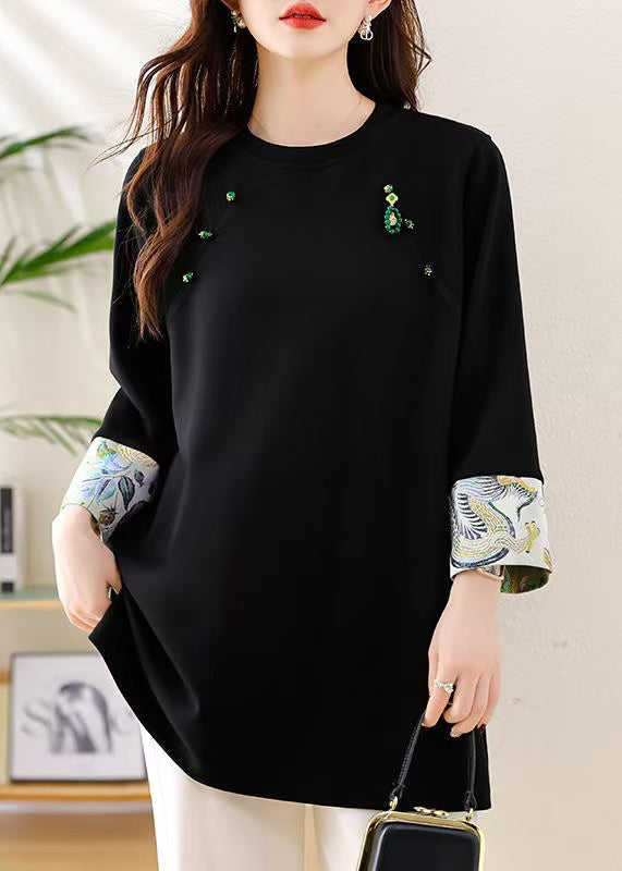 Loose Black O Neck Side Open Patchwork Cotton T Shirts Fall
