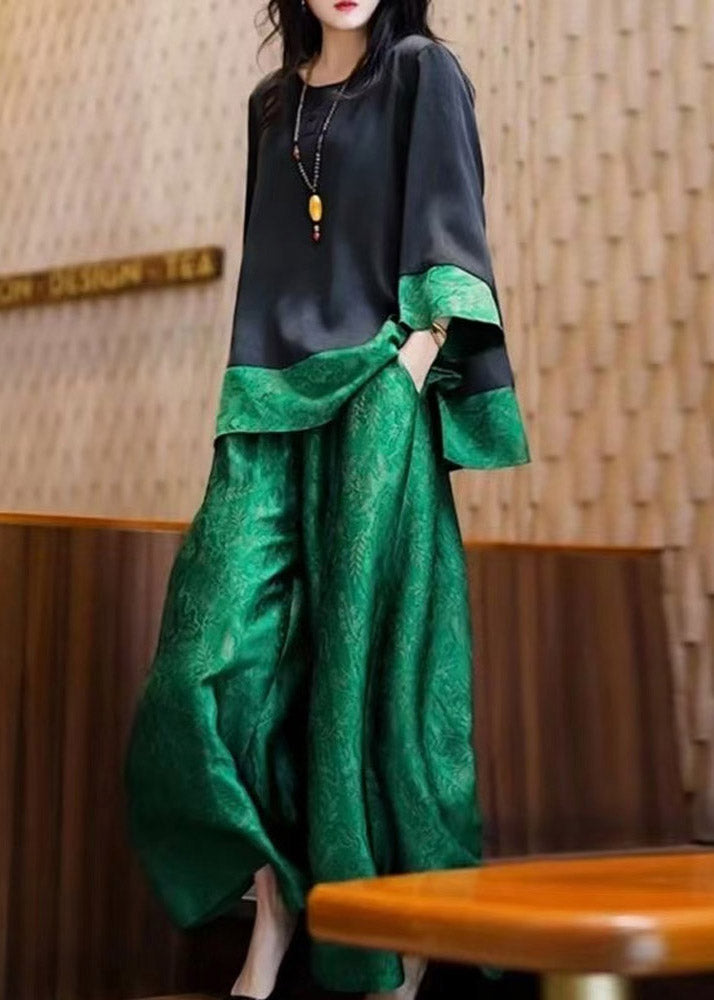 Loose Black O Neck Tops And Green Pants Patchwork Silk Two Pieces Set Fall