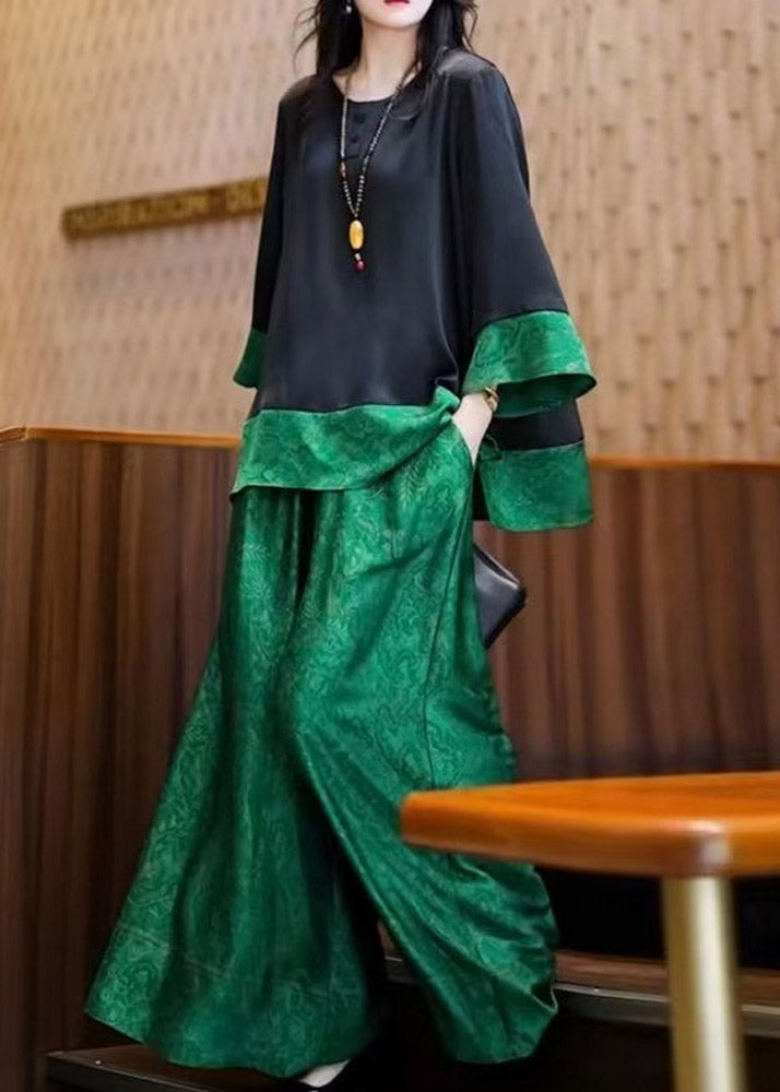 Loose Black O Neck Tops And Green Pants Patchwork Silk Two Pieces Set Fall