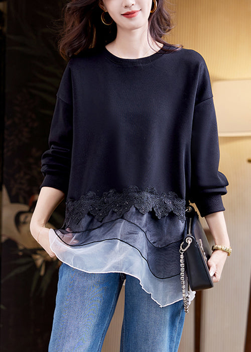 Loose Black O Neck Tulle Patchwork Cotton Sweatshirts Fall
