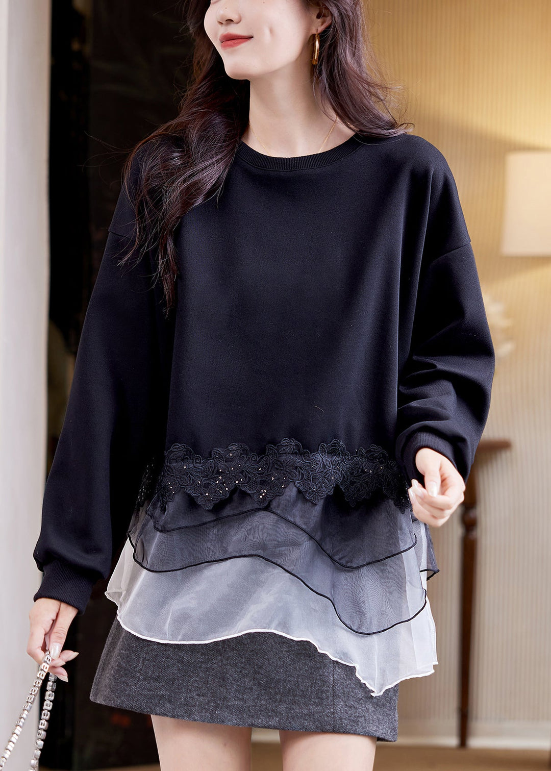 Loose Black O Neck Tulle Patchwork Cotton Sweatshirts Fall