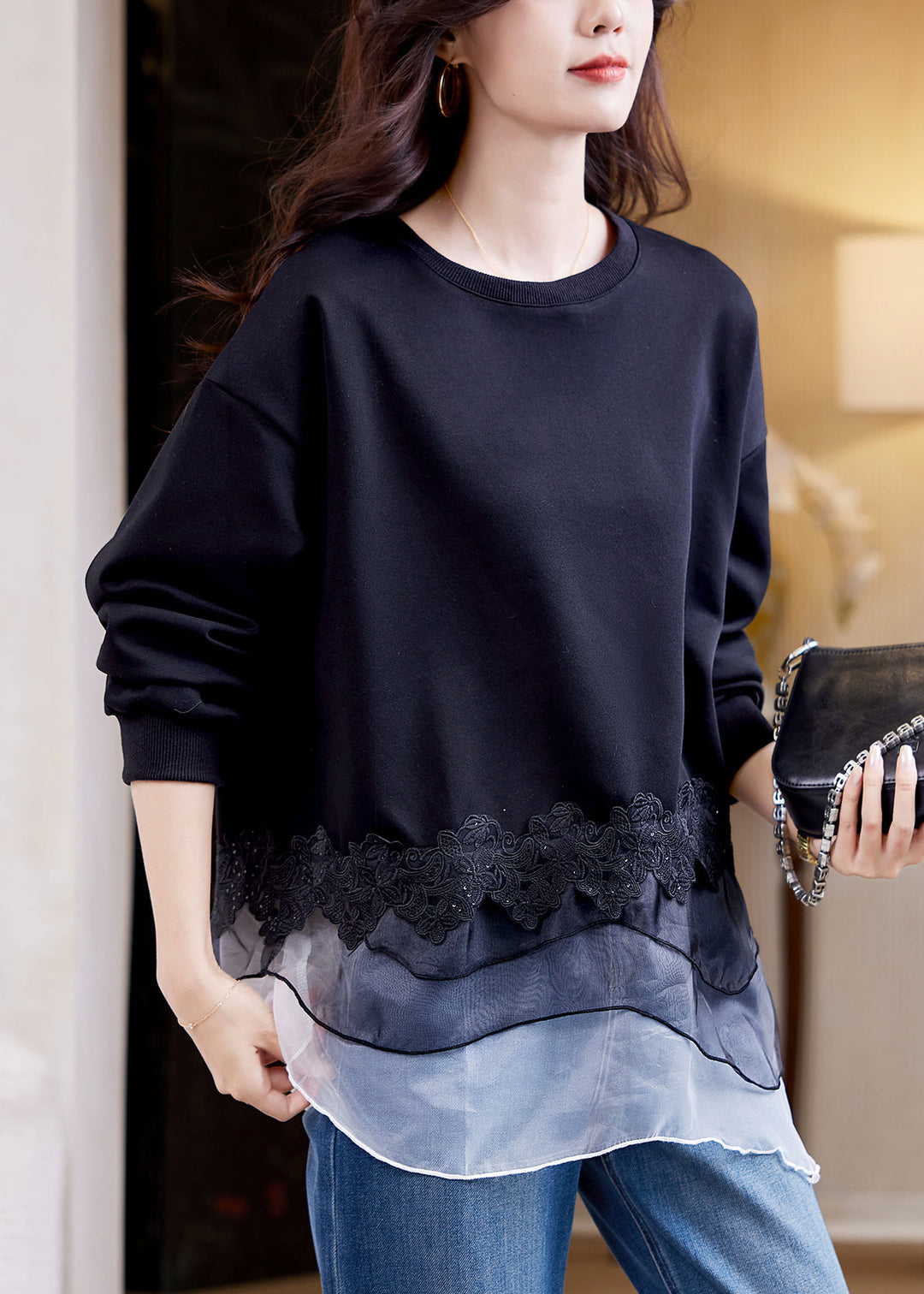 Loose Black O Neck Tulle Patchwork Cotton Sweatshirts Fall