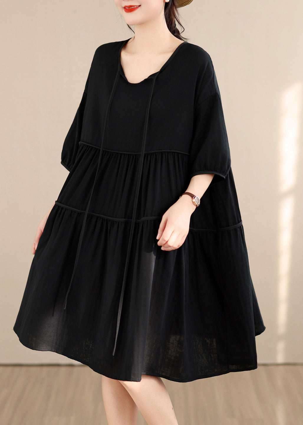 Loose Black O Neck Wrinkled Patchwork Cotton Mid Dress Summer